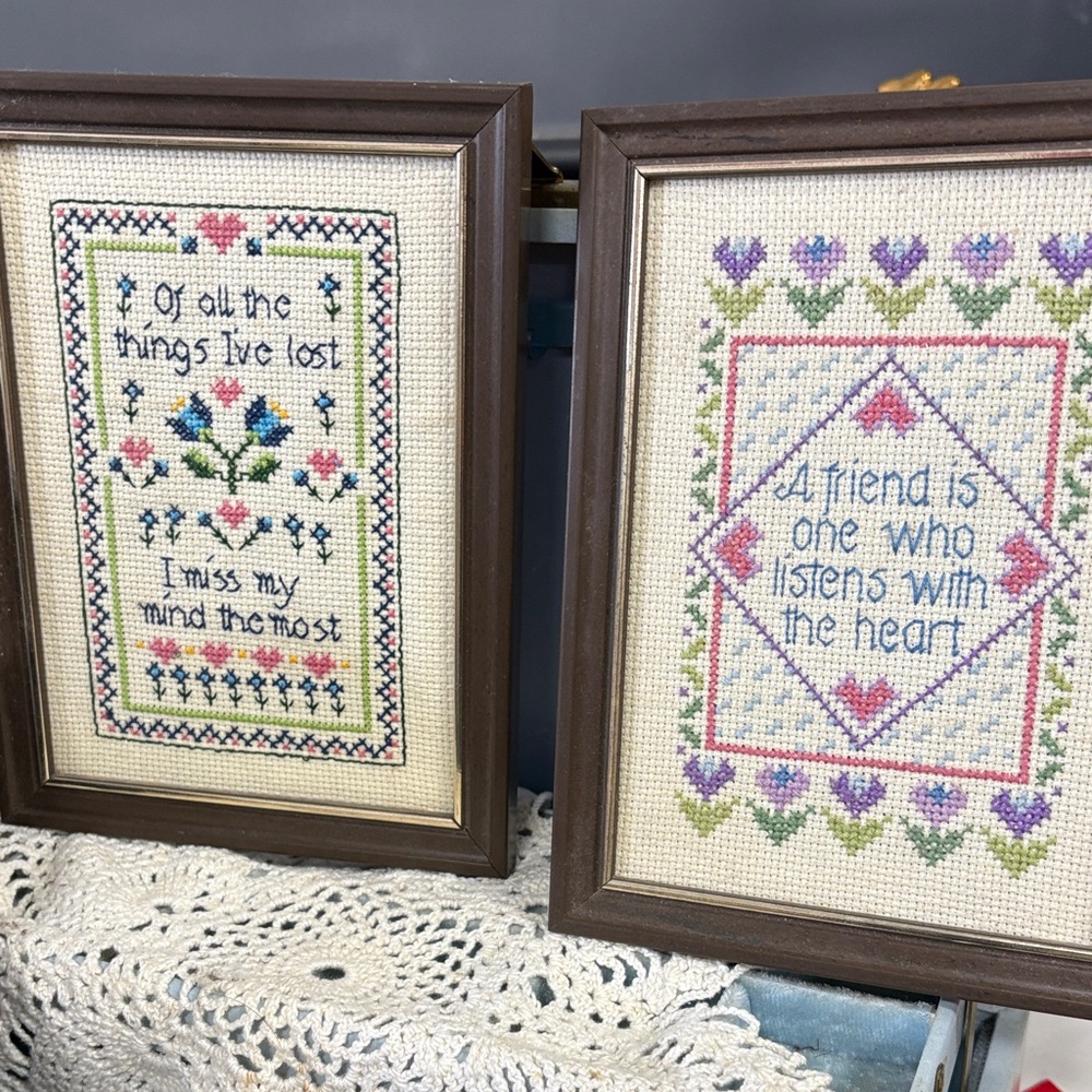 Handcrafted Cross-Stitch Wall Plaque - Pastel Floral